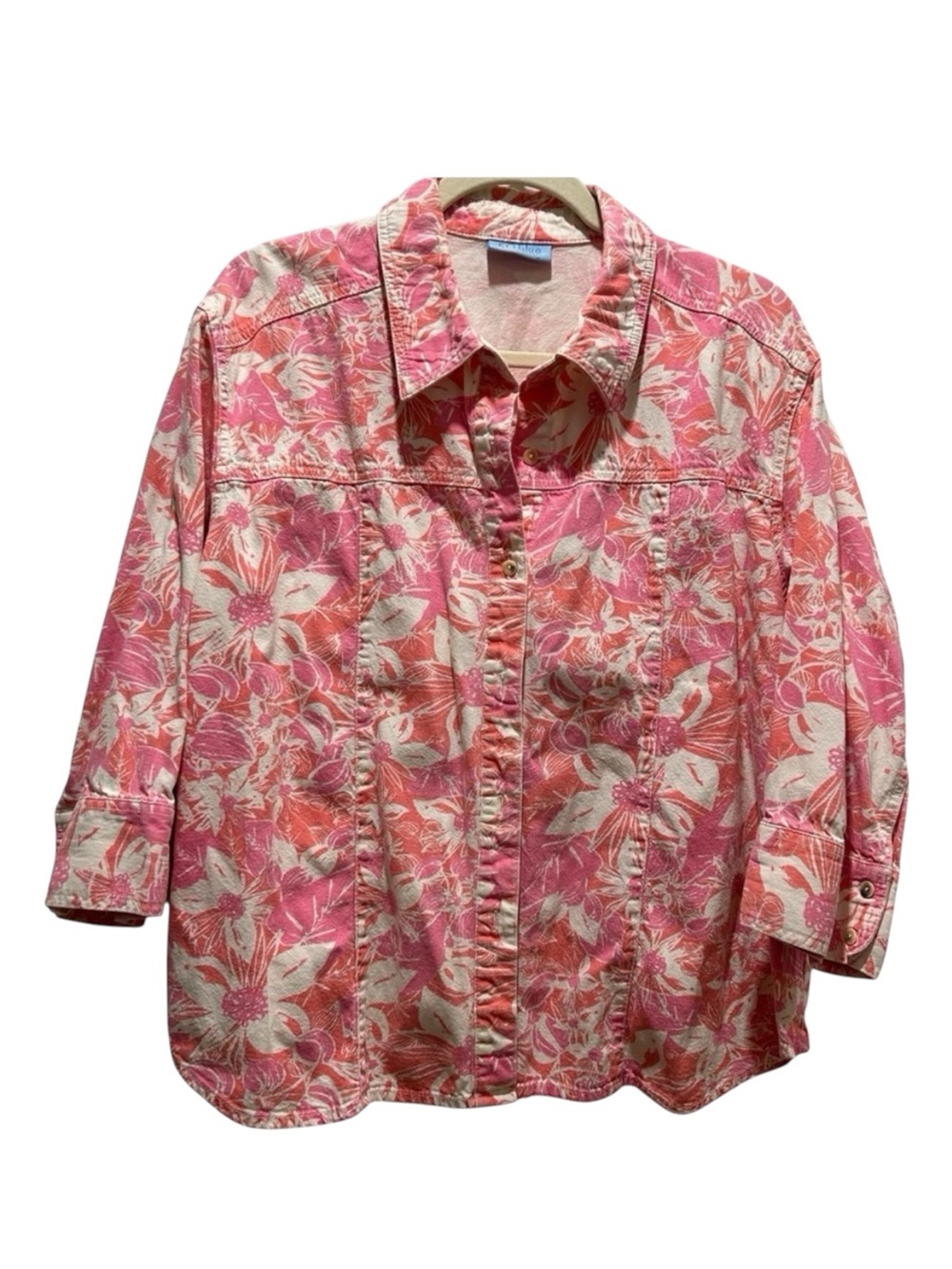 SO Blue Sigrid Olsen Floral Button-Up Shirt Denim Weight 3/4 Sleeves - Large